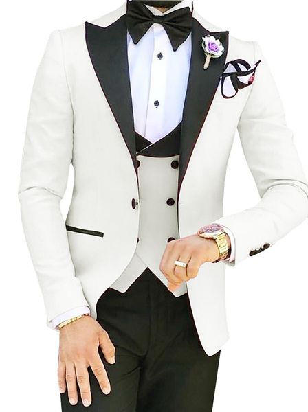 Slim Fit Weiß Bräutigam Smoking Schwarz Spitze Revers Trauzeuge Hochzeit 3 Stück Anzug Mode Herren Business Prom Jacke Blazer (Jacke + Hose + Krawatte + Weste)