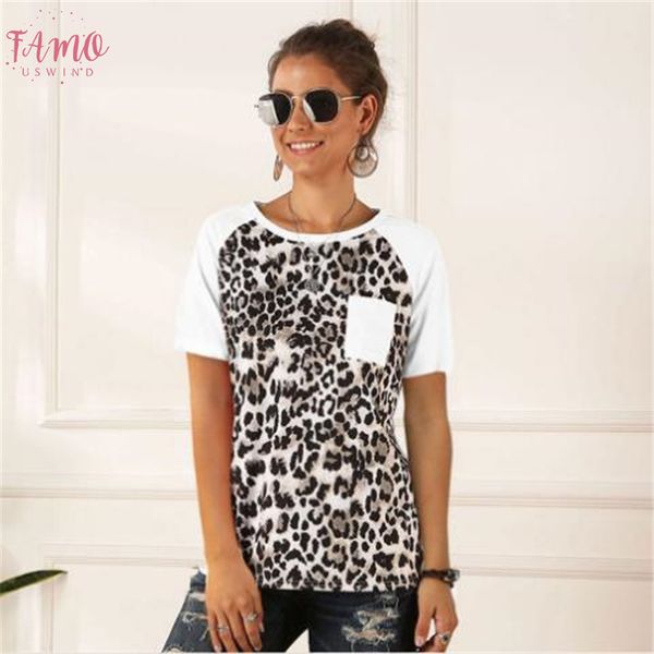 

leopard t shirt women raglan sleeve pocket women tee shirts 2020 summer o neck t shirt casual loose tee for, White