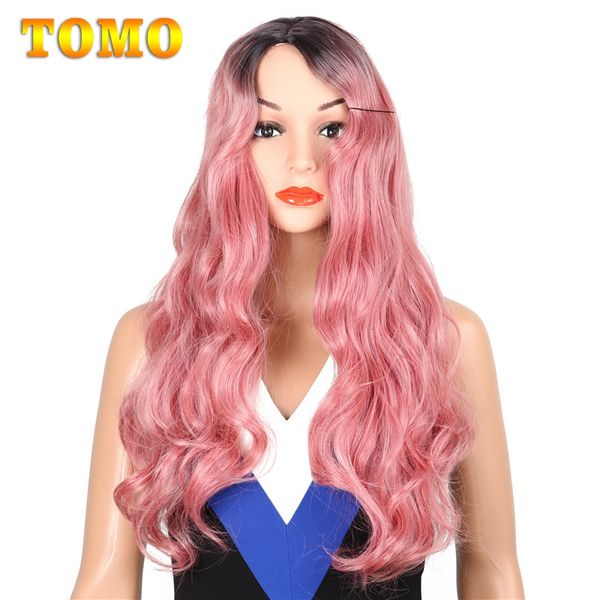 Mixed Black Pink Brown Blonde Ombre Synthetic Wigs Middle Part