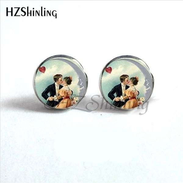 

new trendy kiss the moon stud earrings handmade glass cabochon earring hypoallergenic steel studs earring hz4 ed-0017, Golden;silver
