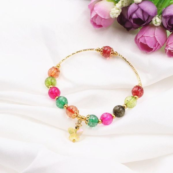 

beaded bracelet colorful tourmaline crystal stone bracelets bangles for women girl butterfly pendant wristband jewelry 7.5" b320, Golden;silver