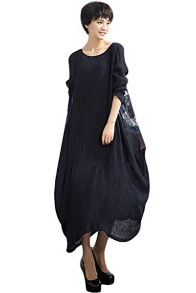 

mordenmiss women's spring/fall retro printed cotton linen long dress, Black;gray