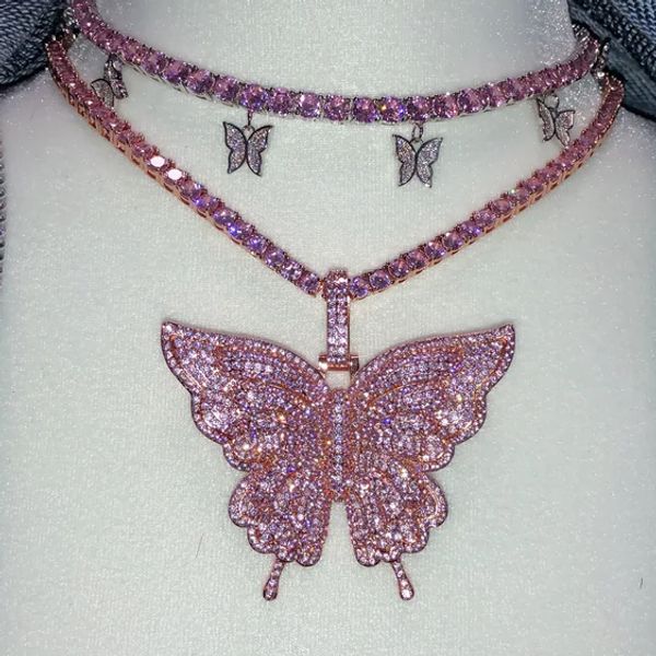 

2020 розовый мизинец 5a cz теннисная цепь бабочка падение шарм колье ожерелье девушка женщины слой ювелирных изделий прохладный рок хип-хоп, Silver