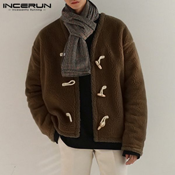 

incerun fashion men jackets coats faux fleece long sleeve single breasted winter casual outerwear streetwear casual men coat 5xl, Black;brown