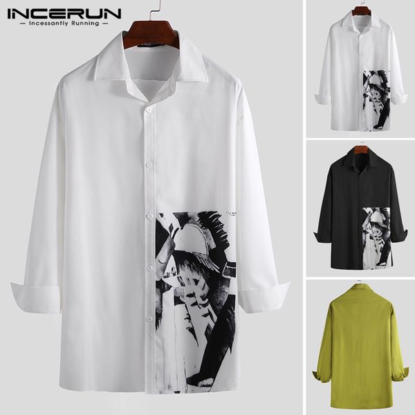 

incerun mens shirt long sleeve lapel shirts fashion man floral print chic baggy blouse streetwear loose black button camisa 5xl, White;black