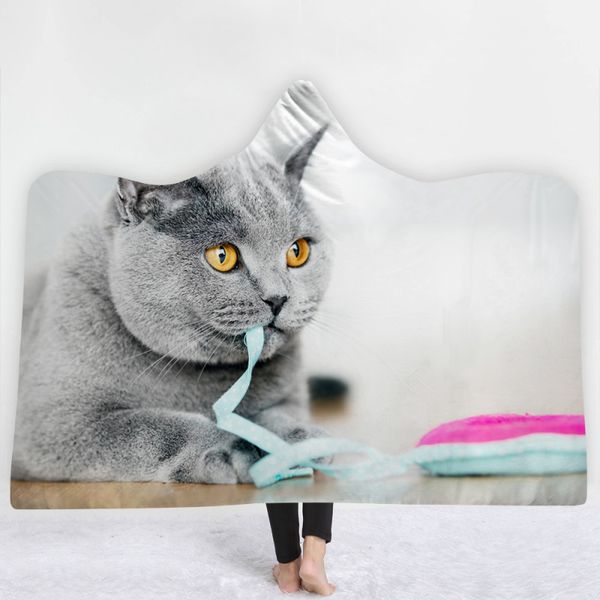 

3d lovely animals cats print hat blanket hooded coral fleece warm wearable blanket wool winter blankets 200x150cm