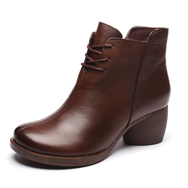 

autumn and winter 2019 new vintage leather comfortable thick heel women's boots high heel boots leather short, Black