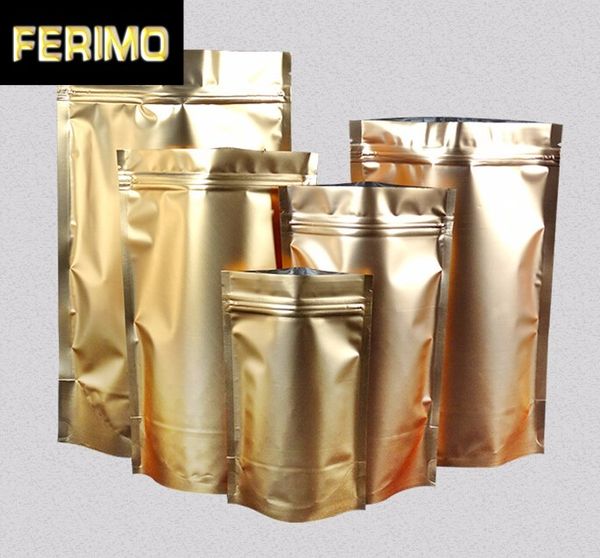 

100pcs golden stand up zip lock bag dried food fruit tea packaging pouches aluminum foil zipper self sealing party gift bag