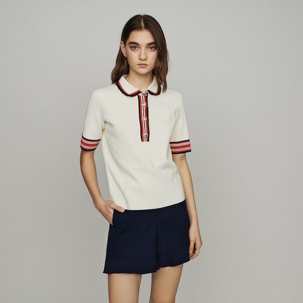 

women sweater 2019 spring and summer new lapel striped stitching cuff sweater, White;black