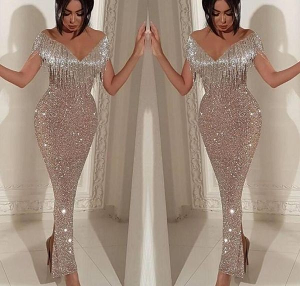 

2019 shiny sequins mermaid prom dresses v neck elegant off shoulder tassel evening gowns trumpet ankle length split cocktail party gowns, Black