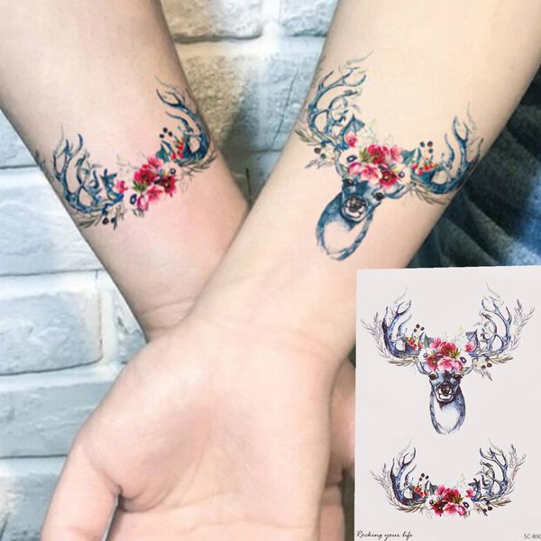 

new waterproof temporary tattoo sticker elk head deer bucks horn antlers henna tatto tatoo fake tattoos for men women