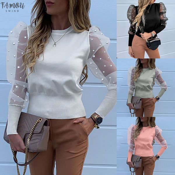 

мода женщины o образным вырезом фонарь рукав перспектива точка сетки рукав случайные свободные топ зима 2020 дропшиппинг бесплатная доставка, White