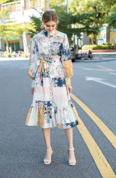 

труба / русалка платья 2020 женщин осень новый printing платье с длинным рукавом талия закрытия с поясами повседневный платье, Black;gray