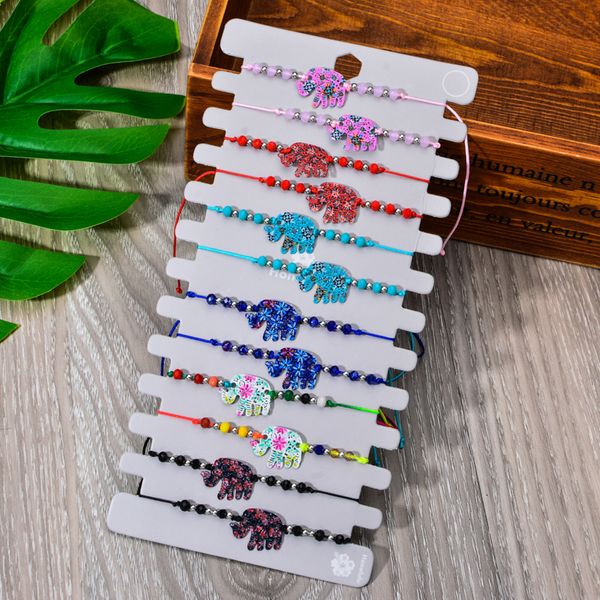 

12pcs/set handmade woven rope chain bracelet set enamel elephant charms crystal beads bracelets for women adjustable jewelry, Golden;silver