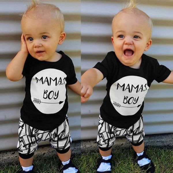 

happy mother days boys clothes summer fashion letter short sleeve pullover +geometric shorts outfits infant clothing, White