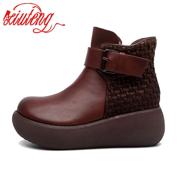 

round leather women's boots xiuteng 2020 autumn and winter new thick-bottomed round boots cowhide boots women t200425, Black