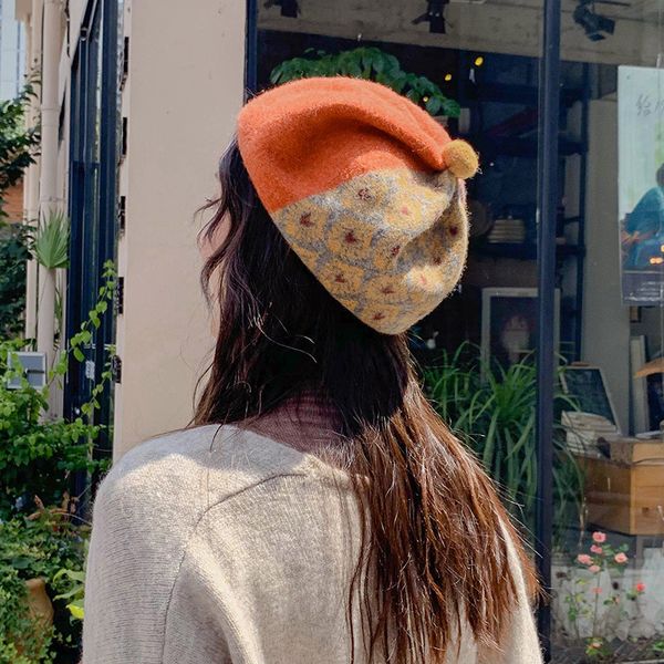 

harajuku beret hats women girl's british vintage artist painter hat winter autumn patchwork wool octagonal cap drop shipping, Blue;gray