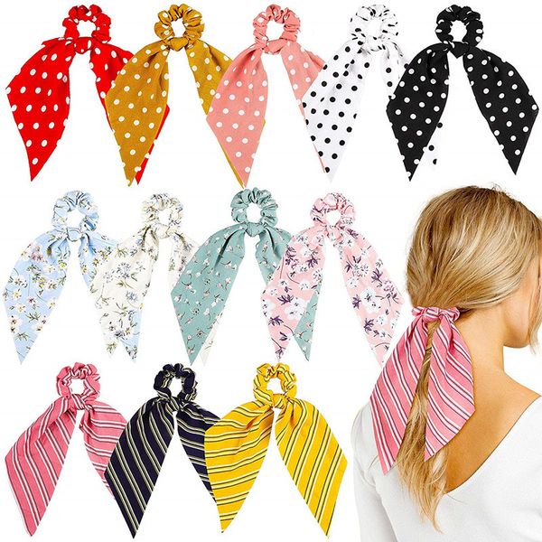 

12pcs stripe dot flower women scrunchie hair scarf ties accessories for girls ponytail hair holder elastic bands headwear