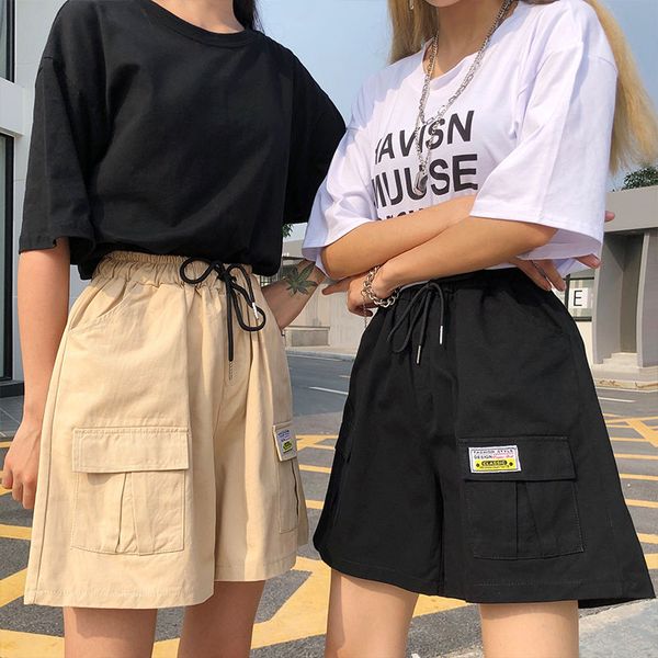 

new arrival high waist lace up loose shorts women safari style wide leg short ladies men cool shorts spring summer streetwear, White;black