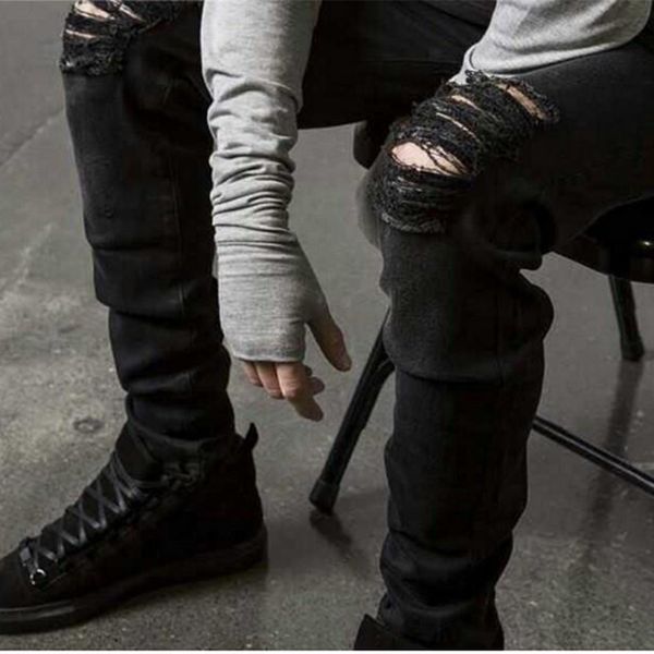 

2016 ripped jeans men destroyed denim jeans with holes denim skinny slim flexible jean scratched biker elastic pants, Blue