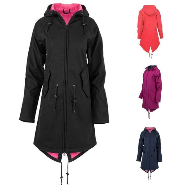 

solid color hooded thickened soft outdoor zipper drawstring windproof winter long sleeve camping women hiking jacket polyester, Blue;black