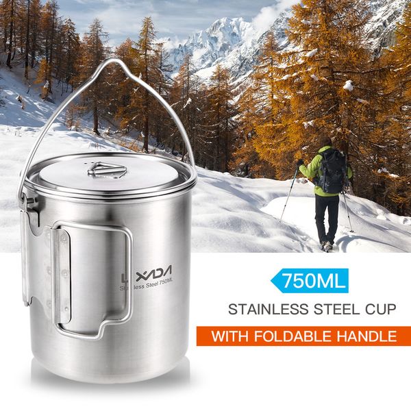 

lixada 750ml stainless steel pot portable water mug cup with lid foldable handle outdoor camping cooking picnic tableware travel