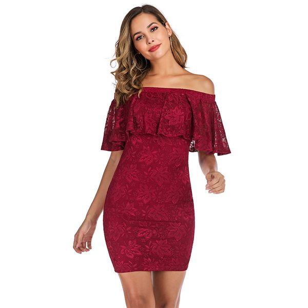 

fashion off the shoulder slash nek ruched short sleeves sheath wrap hips above knee short red lace party dresses, White;black
