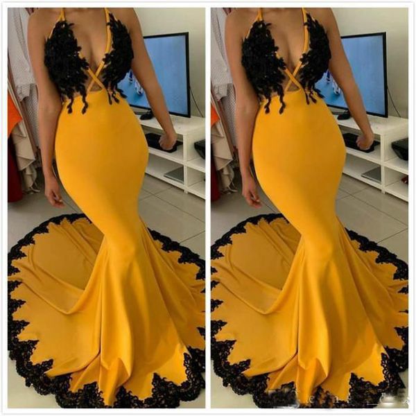 

2020 yellow black lace applique prom dresses mermaid halter plunging v neck african plus size evening gown formal occasion wear