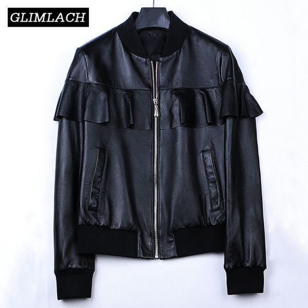 

2019 new ruffles design genuine leather bomber jacket women fashion elegant real sheep leather short coat autumn casual outwear, Black