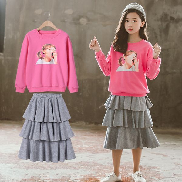 

girl set spring autumn kids clothing suits 2019 cartoon + skirt 2 pcs teenage school girls long sleeve clothes sets, White