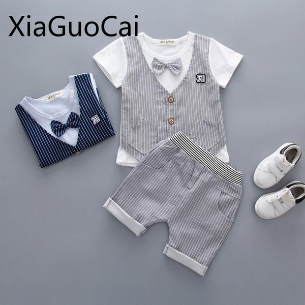 

gray fashion children's suits 2019 baby short sleeve fake two piece sets summer half sleeve cropped pants boys girls sets, White