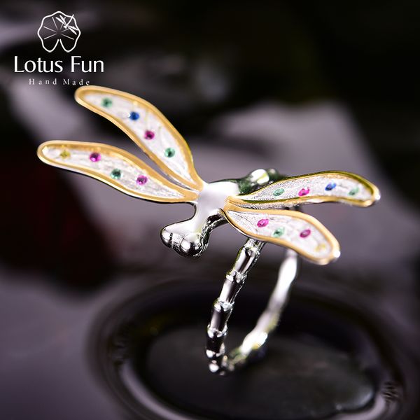 

lotus fun real 925 sterling silver handmade fine jewelry multicolor zirconia beautiful dragonfly design rings for women, Golden;silver