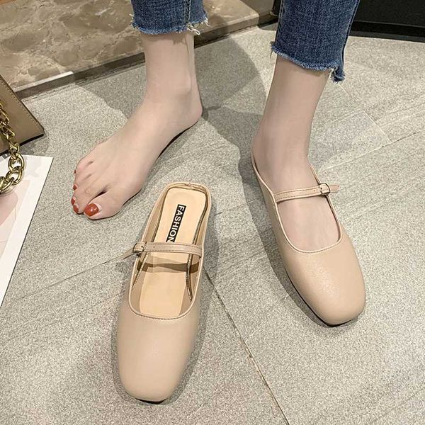 

flat shoes female cover toe womens slippers outdoor pantofle low square heel slides 2020 soft block rubber retro pu shoes, Black