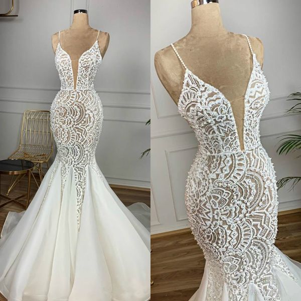2019 Mermaid Lace frisada Árabe Wedding Dresses Spaghetti Neck Sexy nupcial Vintage Dresses Charming varredura elegante Train Vestidos de casamento
