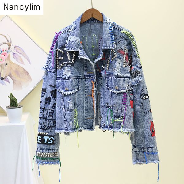 

spring autumn graffiti cowboy short jacket coat female heavy industry rivet colored tasseled jacket girls lady street coats, Black;brown