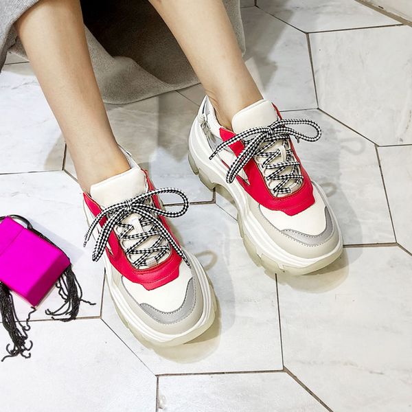 

new mesh platform chunky sneakers women mixed color lace up leather luminous women shoes thick bottom vulcanize shoes woman cs10, Black