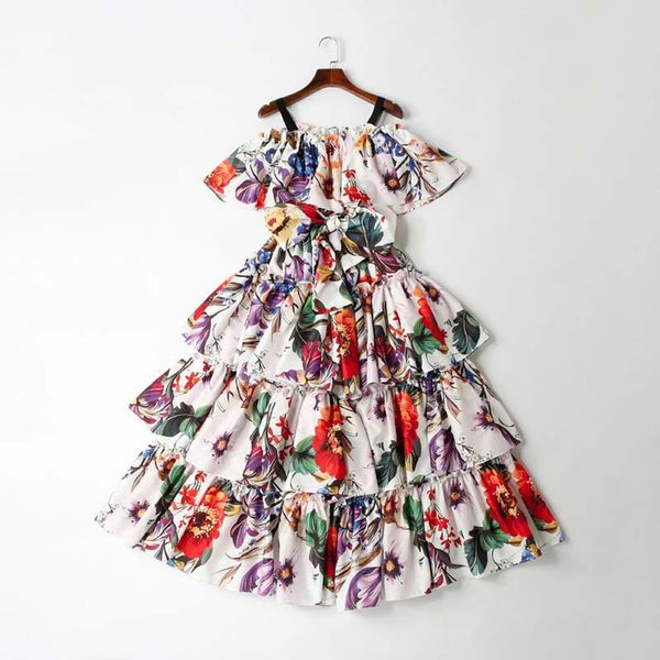

european and american women's dress 2019 spring new style condole belt a word shoulder floral print tiered dress, Black;gray