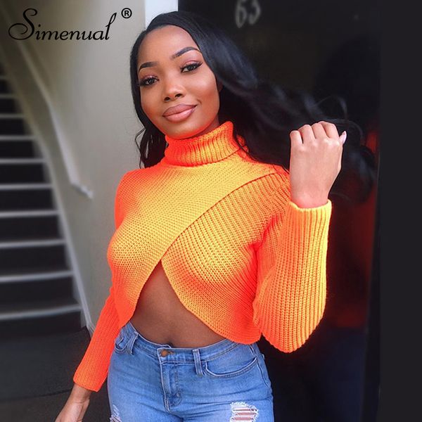 

simenual neon fashion cropped sweater women knitwear long sleeve jumpers turtleneck criss cross autumn pink pullover 2019 winter, White;black