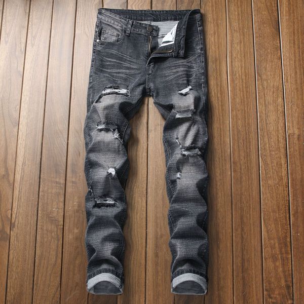 

мужские рваные узкие рваные зауженные эластичные байкерские джинсы в тонкую форму брюки с отверстиями мото байкерские джинсы, Blue