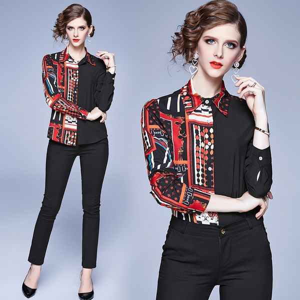 

quality elegant printed designer shirts women runway long sleeve lapel neck ladies spring shirt blouses casual office button shirts, White