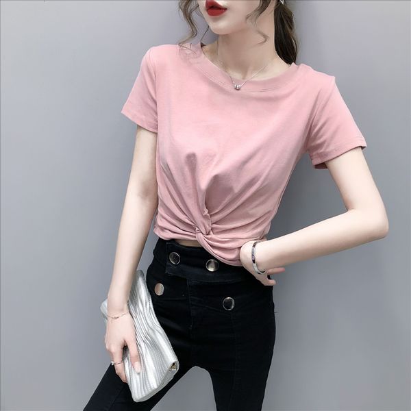

short women's short-sleeved t-shirt solid jacket jacket color 2020 summer half-sleeve tight high waist twisted navel clothes ins, White