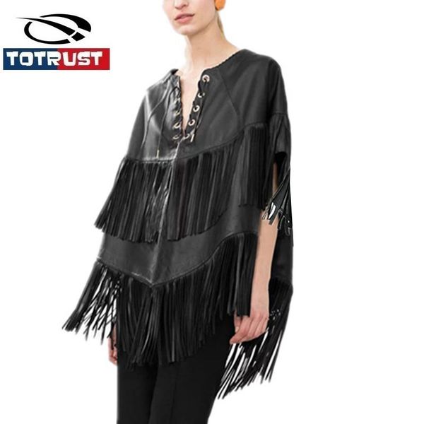 

v neck fringed leather jacket female 2016 new fashion female tassel cape coat ladies black zipper coats outerwear