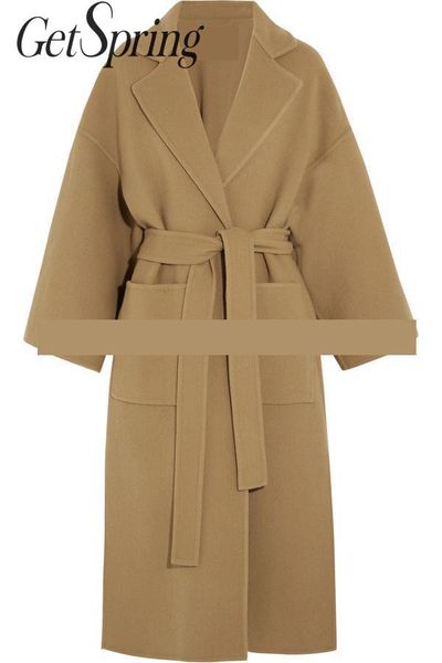 

getspring women coat women wool coats split bandage solid camel womens wool long coats winter plus size 2019 new fashion casual, Black