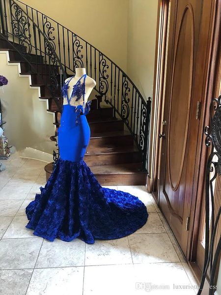 

2020 sexy королевский синий холтер русалка длинные платья выпускного вечера шнурка блестки бисером backless формальные вечерние платья 3d цв, Black