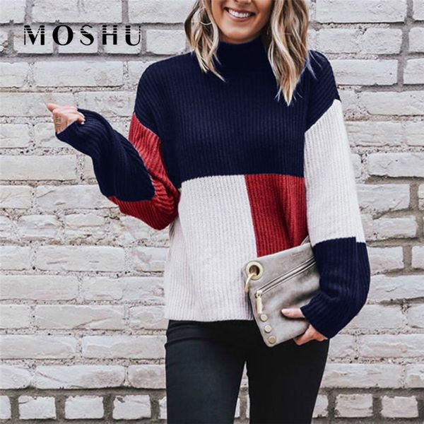 

colorblock sweater women 2019 autumn winter casual stand collar pullover female cashmere knitted ladies sweater tricot femme, White;black