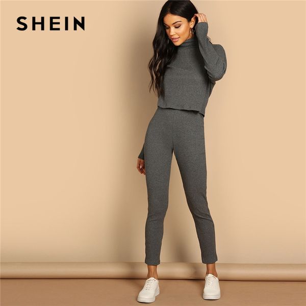 

shein grey turtleneck rib-knit drop shoulder crop and leggings two piece sets women spring casual streetwear two piece set, White