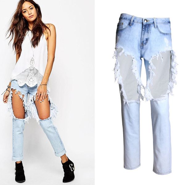 

2020 летние женские уличные дикие винтажные джинсы с высокой талией для женщин колено большая дыра рваные джинсы femme denim прямые брюки бр, Blue