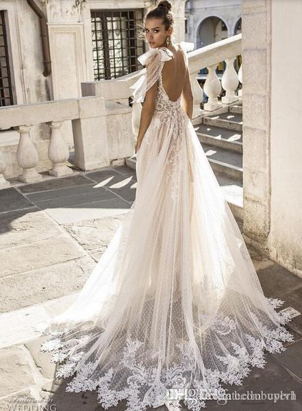 

2019 new a line lace boho beach wedding dresses camo backless sheer hochzeitskleid modest wedding dress bridal gowns keyhole back, White