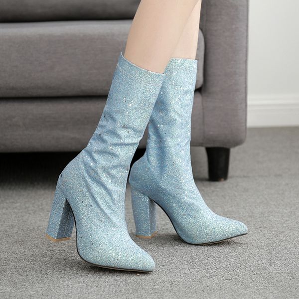 

shoes woman glitter bling mid calf boots zip pointed toe half boots slides square high heels boot designer zapatos de mujer blue, Black