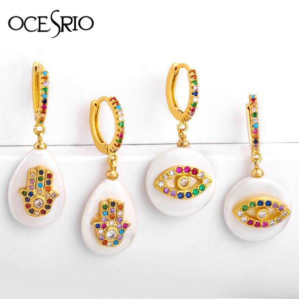 

2019 round natural shell evil eye drop earrings gold filled cubic zirconia fatima hand earring for women fashion jewelry ers-r52, Silver